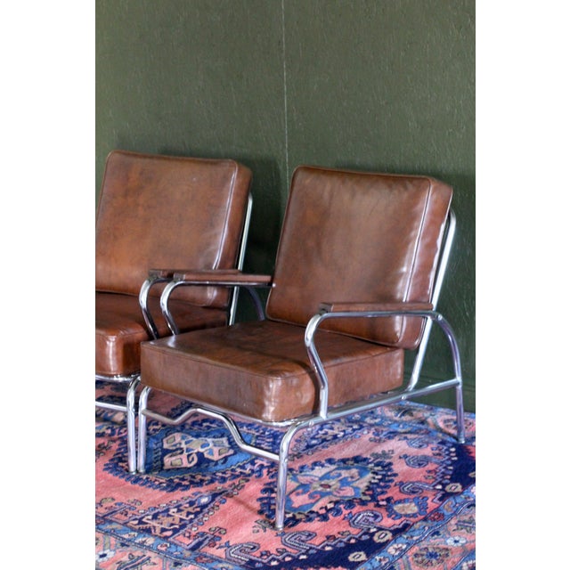 1940s Art Deco Style Pair of Chromecraft Brown Chairs For Sale - Image 15 of 17