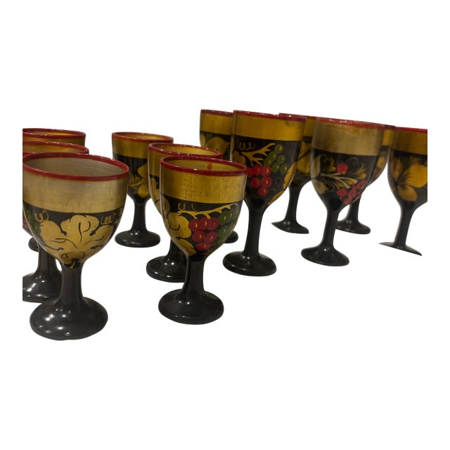 Vintage Soviet-Era Khokhloma Wooden Shot Glasses - Set of 14 For Sale