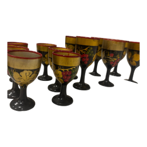 Vintage Soviet-Era Khokhloma Wooden Shot Glasses - Set of 14