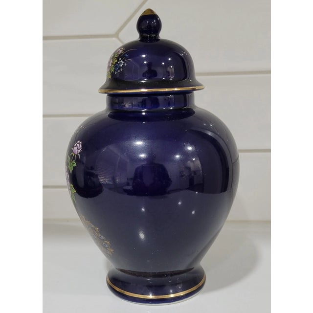 Japanese Vintage Japanese Cobalt Blue Peacock Floral Gold Trim Ginger Jar For Sale - Image 3 of 8