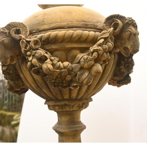 English Stone Garden Urns with Ram Masks, Set of 2 For Sale - Image 14 of 15