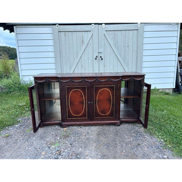 1940s Vintage Carved Mahogany Sideboard / Bar Cabinet With Gold-Tooled Leather For Sale - Image 5 of 12