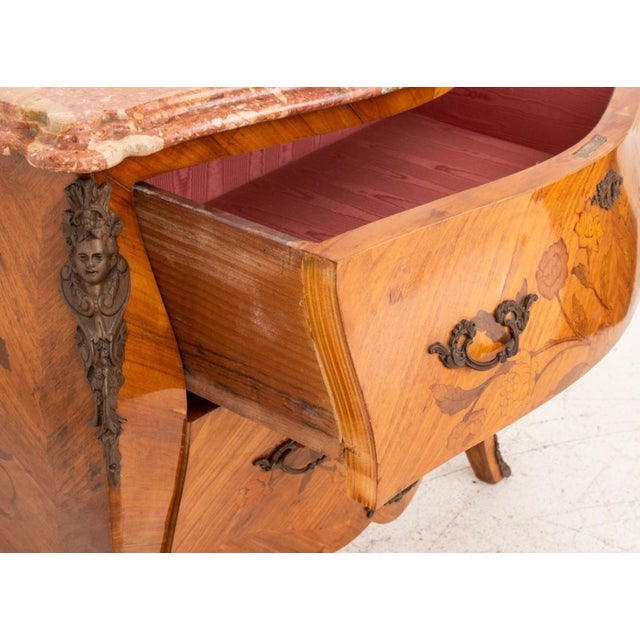 Wood Louis XV Style Marble Top Marquetry Bombe Chest For Sale - Image 7 of 8
