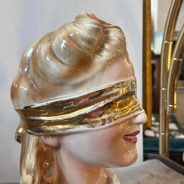 Fabio Lenci 1950s Mid-Century Modern Policrome Ceramic Bust of the Blindfolded Goddess For Sale - Image 4 of 10