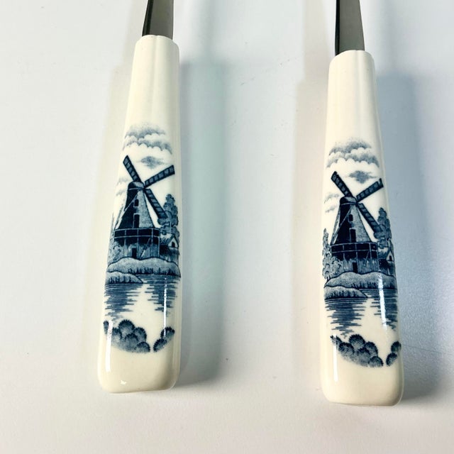 Metal Mid 20th Century Boho Chic Gustavian Delft Style Salad Serving Utensils, Stainless Steel - Set of 2. For Sale - Image 7 of 9