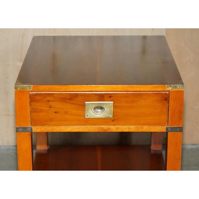 Military Campaign Style Yew Wood Side Table with Drawer For Sale - Image 4 of 17