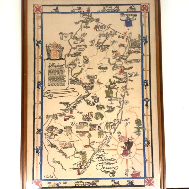 1930s 1937 Embroidered New Jersey Pictorial Map Bamberger Folk Art Textile Large 21.5x31.5” For Sale - Image 5 of 12