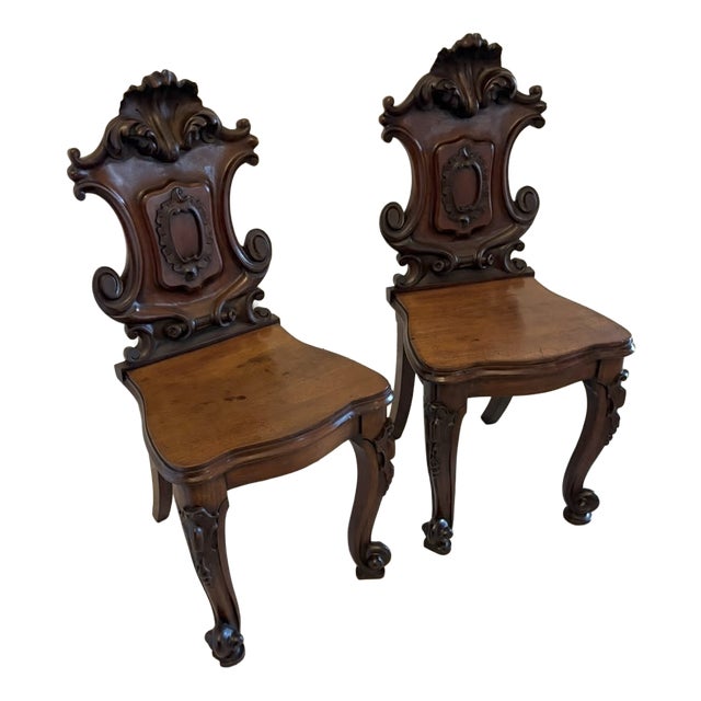 Antique Victorian Carved Mahogany Hall Chairs, 1850s, Set of 2 For Sale