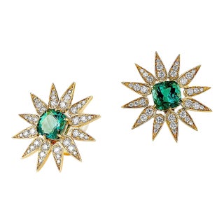 Syna Sunburst Earrings with Green Tourmaline and Champagne Diamonds, a Pair For Sale