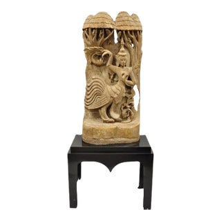 Vintage Burmese Carved Wood Oriental Large Figural Statue Sculpture on Base For Sale
