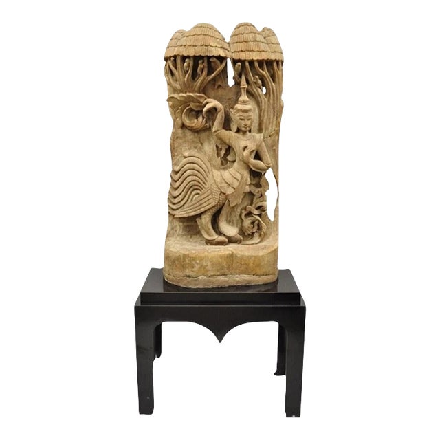 Vintage Burmese Carved Wood Oriental Large Figural Statue Sculpture on Base For Sale