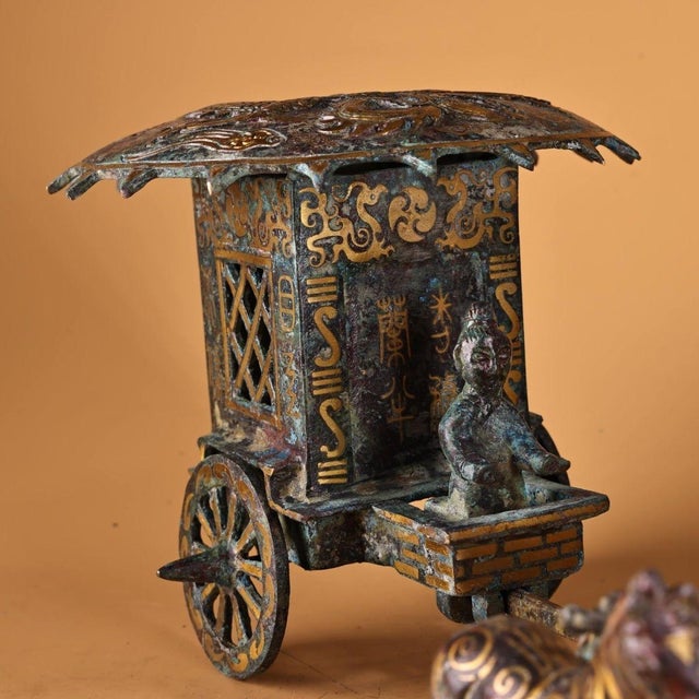 Large Vintage Bronze Chariot Sculpture - Asian Gold-Inlaid Horse & Carriage Statue With Inscriptions For Sale In Los Angeles - Image 6 of 10