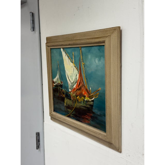 Late 20th Century Late 20th Century J. Lamm Boats Seascape Oil Painting, Framed For Sale - Image 5 of 12