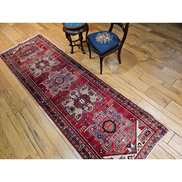 Vintage Persian Heriz Runner, Hand-Knotted Wool, Geometric Pattern, Red & Green, 3x10 For Sale In Chicago - Image 6 of 18