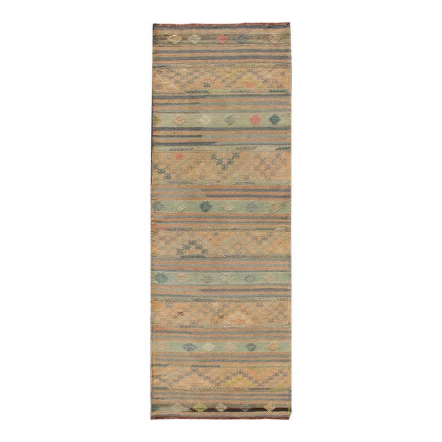 Vintage Hand Woven Turkish Kilim Runner With Geometric Shapes and Colorful Stripes For Sale