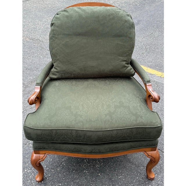 Beautiful French provincial Bergere chair by Brandywine furniture custom upholstered in calico corner fabrics. Features...
