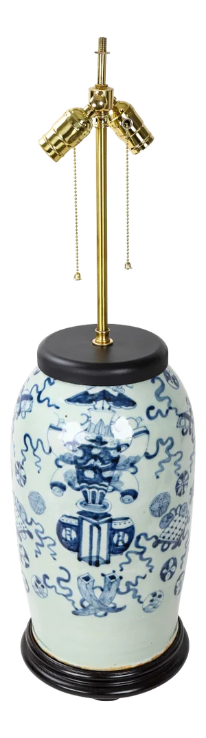 Bean Celadon Hand-Painted "Bogu Pattern" Porcelain Table Lamp in the Republic of China