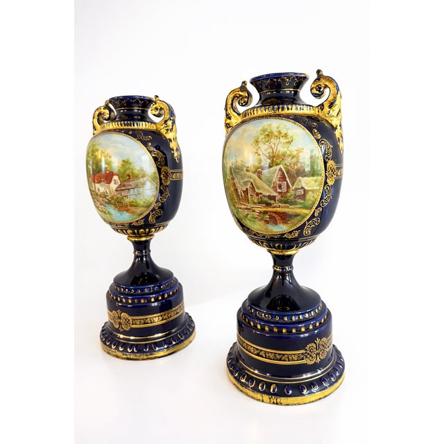 Victorian Pair of Antique Vienna Style Cobalt Blue & Gilt Porcelain Pedestal Urns, Circa 1900 For Sale - Image 3 of 13