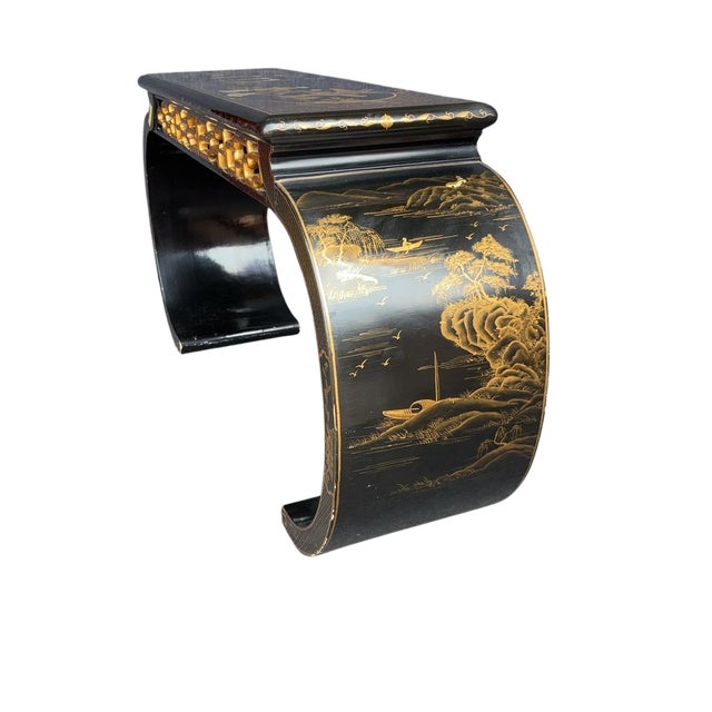 Late 20th Century Black Lacquer Chinoiserie Console Table With Gold Figural Decoration & Scroll Supports For Sale - Image 11 of 18