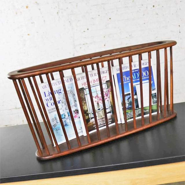 Mid-Century Modern MCM Magazine Rack Larger Walnut Oval Attributed to Arthur Umanoff for Washington Woodcraft For Sale - Image 3 of 13