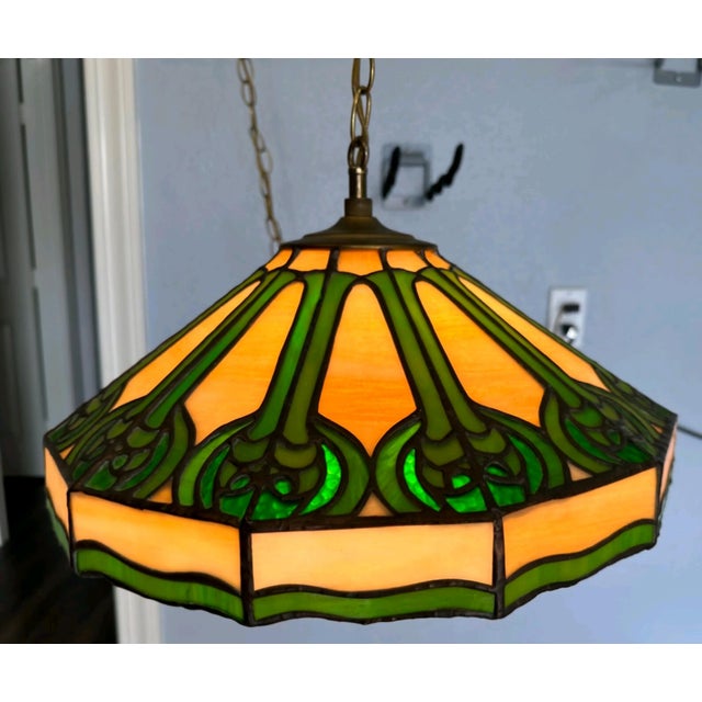 Glass Antique Arts & Crafts j.a. Whaley & Co. Rare Mixed Slag & Stained Glass 12-Sided Swag Pendant Chandelier Lamp For Sale - Image 7 of 12