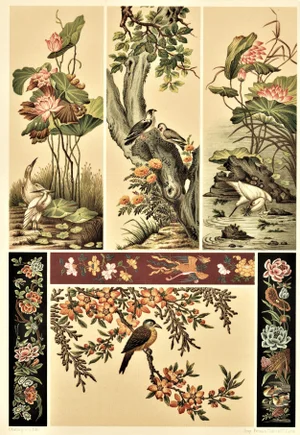 Matted Chinese Decorative Design Print-Birds & Flowers