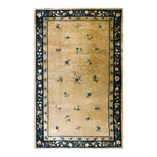 1920s Beige Floral Classic Antique Chinese Peking Carpet 8'10'' X 14' Knotted Wool Rug For Sale