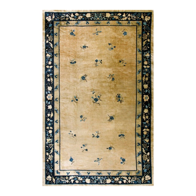1920s Beige Floral Classic Antique Chinese Peking Carpet 8'10'' X 14' Knotted Wool Rug For Sale