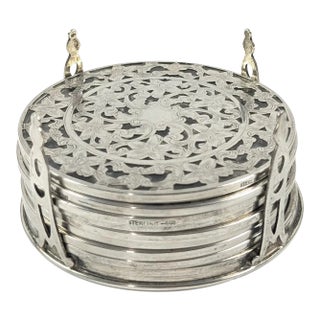 Early 20th Century Webster Sterling Overlay Coasters - Set of 8 With Holder For Sale