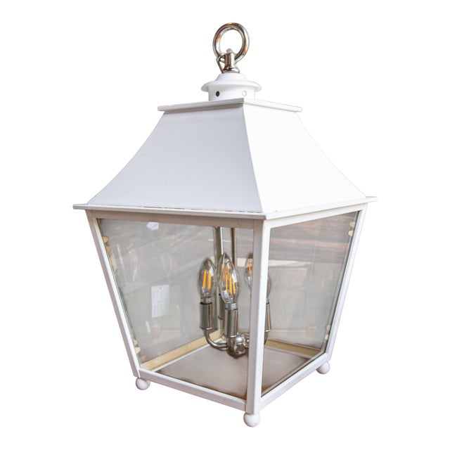 Traditional Urban Electric Brand Custom White Lantern With Clear Glass and Yellow Interior For Sale - Image 3 of 12