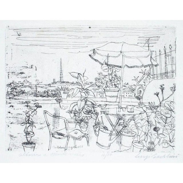 Altana a Monte Mario is an original artwork realized by Luigi Bartolini in 1958. Original etching on paper. Signed and...