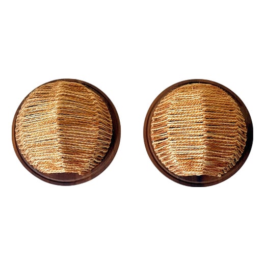 Teak and Woven Natural Fiber Wall Sconces, 1970s, Set of 2 For Sale