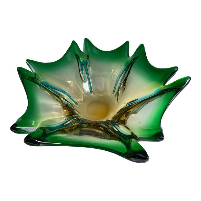 1960s Green Bohemian Art Glass Flower Bowl For Sale