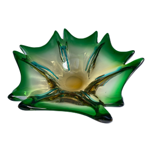 1960s Green Bohemian Art Glass Flower Bowl