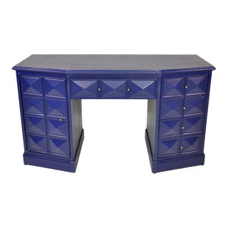 Mid-Century Modern Blue Lacquer and Brass Diamond Front Desk or Vanity Table For Sale