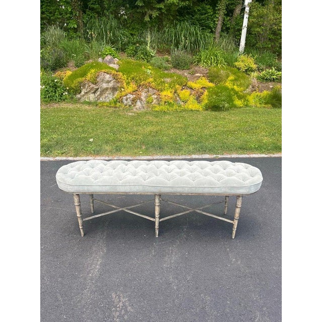 Metal Modern Faux Bamboo Tufted Velvet Bench in Grey Blue Upholstery For Sale - Image 7 of 18