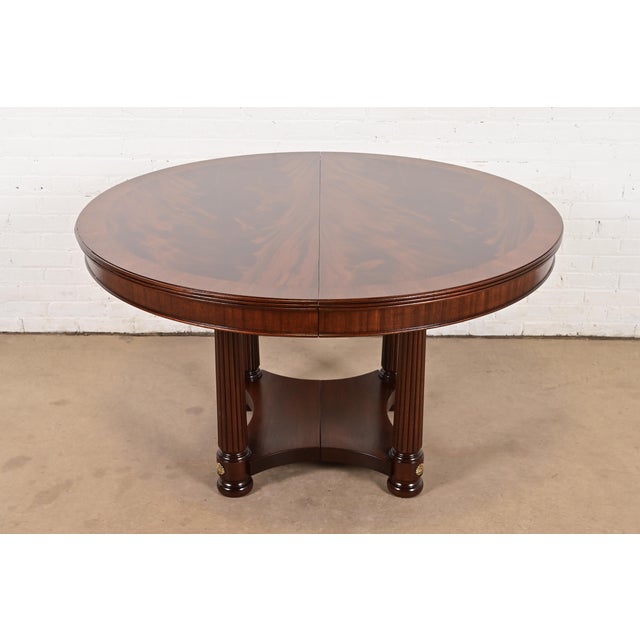 Henkel Harris Empire Banded Flame Mahogany Pedestal Extension Dining Table, Newly Refinished For Sale - Image 14 of 14