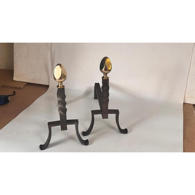 French Black Cast Iron Andirons with Brass Finials, Set of 2 For Sale - Image 6 of 18