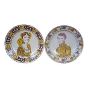 Antique Dutch Delft Manganese Polychrome King Queen of Netherlands Chargers - a Pair