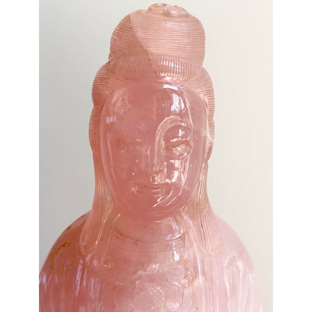 This is a beautiful Antique Chinese Rose Quartz Guanyin / Kwan Yin Figurine with hand carved rosewood stand. Circa 1900,...