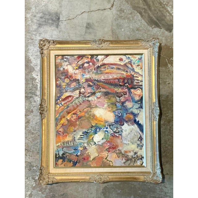 This compelling original abstract oil painting is a masterful display of mid-century expressionism, offering a rich...