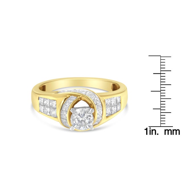 Metal 14K Two-Toned Gold Round, Baguette and Princess Cut Diamond Ring (1 1/8 Cttw, H-I Color, SI2-I1 Clarity) - Size 6 For Sale - Image 7 of 7