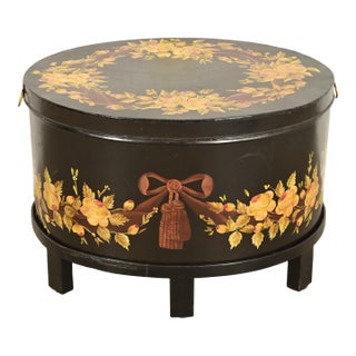 Maitland Smith Neoclassical Hand-Painted Black Lacquered Oval Toleware Box or Chest on Stand For Sale