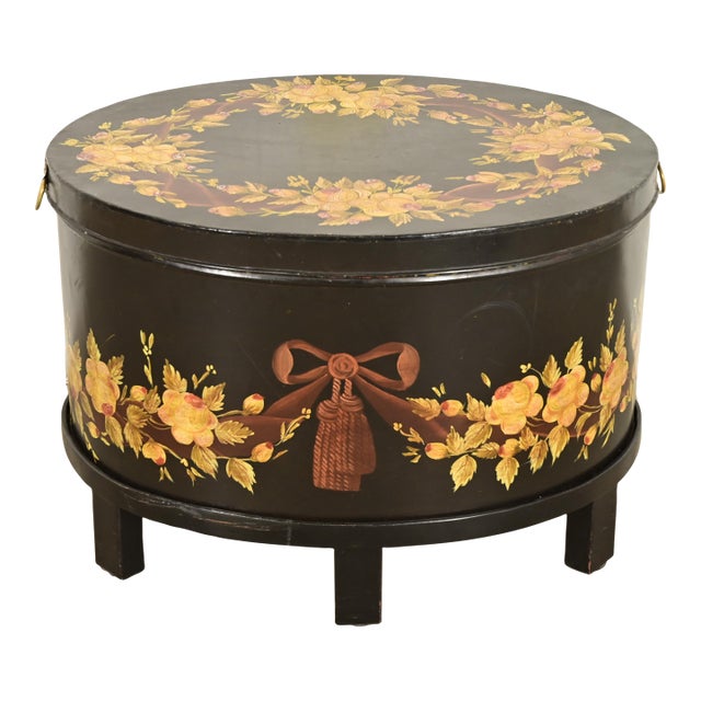 Maitland Smith Neoclassical Hand-Painted Black Lacquered Oval Toleware Box or Chest on Stand For Sale
