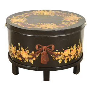 Maitland Smith Neoclassical Hand-Painted Black Lacquered Oval Toleware Box or Chest on Stand