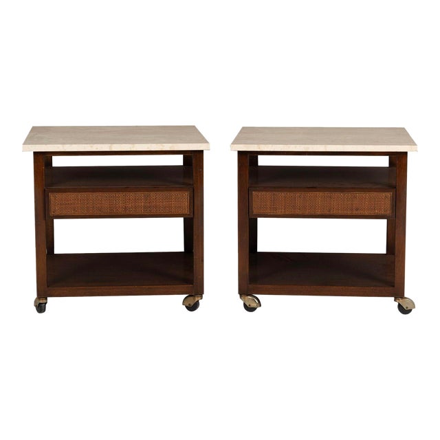 Pair of Mahogany Wood and Travertine Harvey Probber End Tables/Nightstands 1960's For Sale