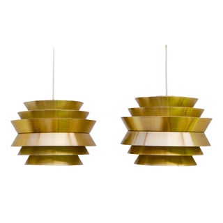 Brass Colored Metal Pendant Trava Lamps by Carl Thore, Sweden from Granhaga Metallindustri, 1960s, Set of 2 For Sale