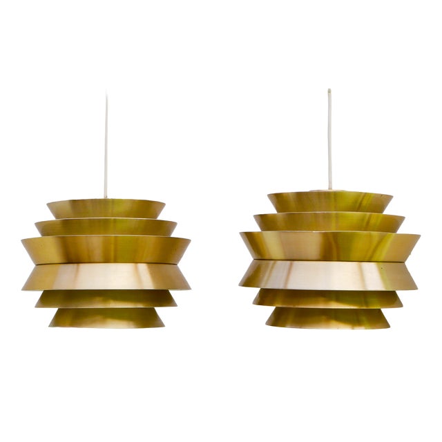 Brass Colored Metal Pendant Trava Lamps by Carl Thore, Sweden from Granhaga Metallindustri, 1960s, Set of 2 For Sale