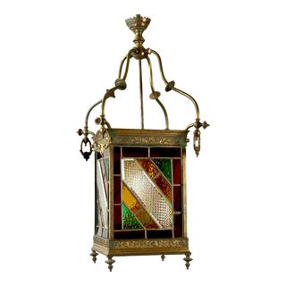 Victorian Brass and Stained Leaded Glass Hanging Hall Lantern c.1890 For Sale