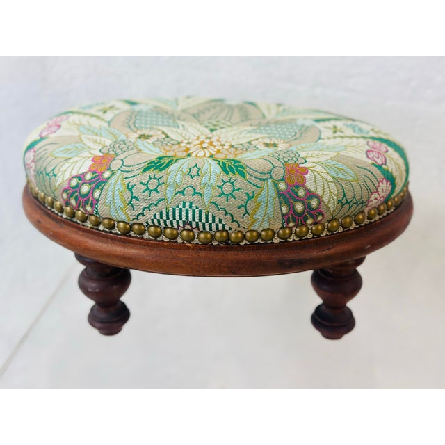 1900 - 1909 Antique Footstool Reupholstered in Designer Fabric For Sale - Image 5 of 8